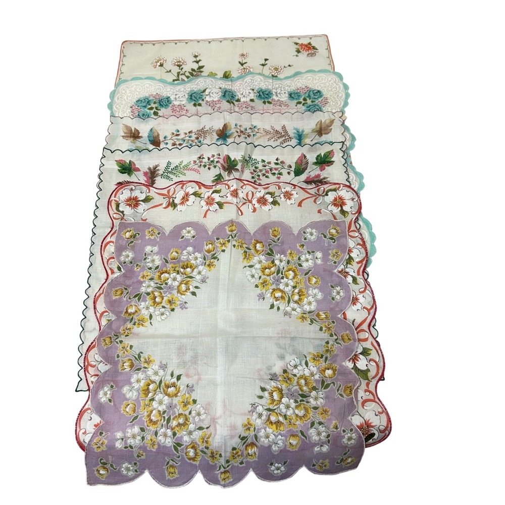 Vintage Floral Handkerchief Lot 6 Piece Scalloped Edge Embroidered Philippines
